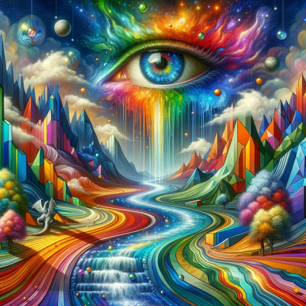 Vibrant Eye Overlooks Iridescent Waterfall in Whimsical Vall...