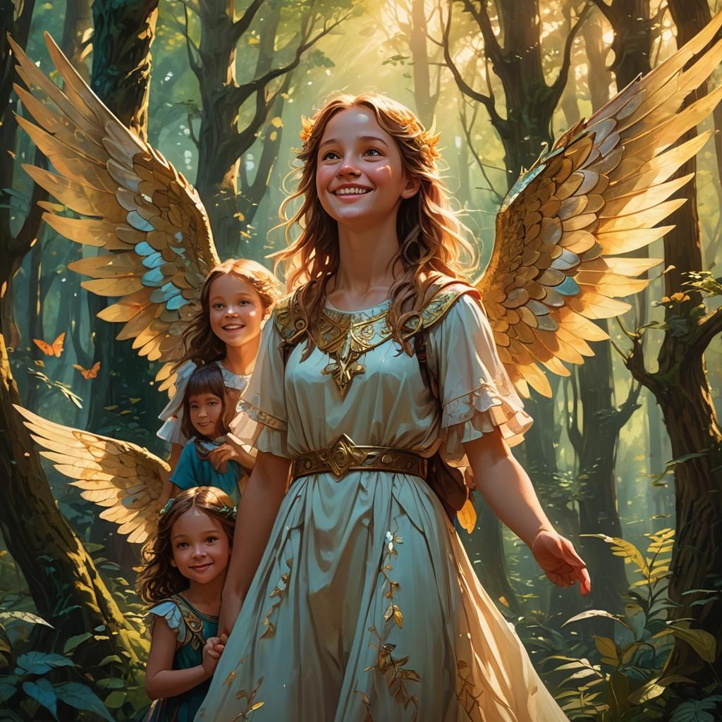 Angelic Girl and Children in Fantasy Forest