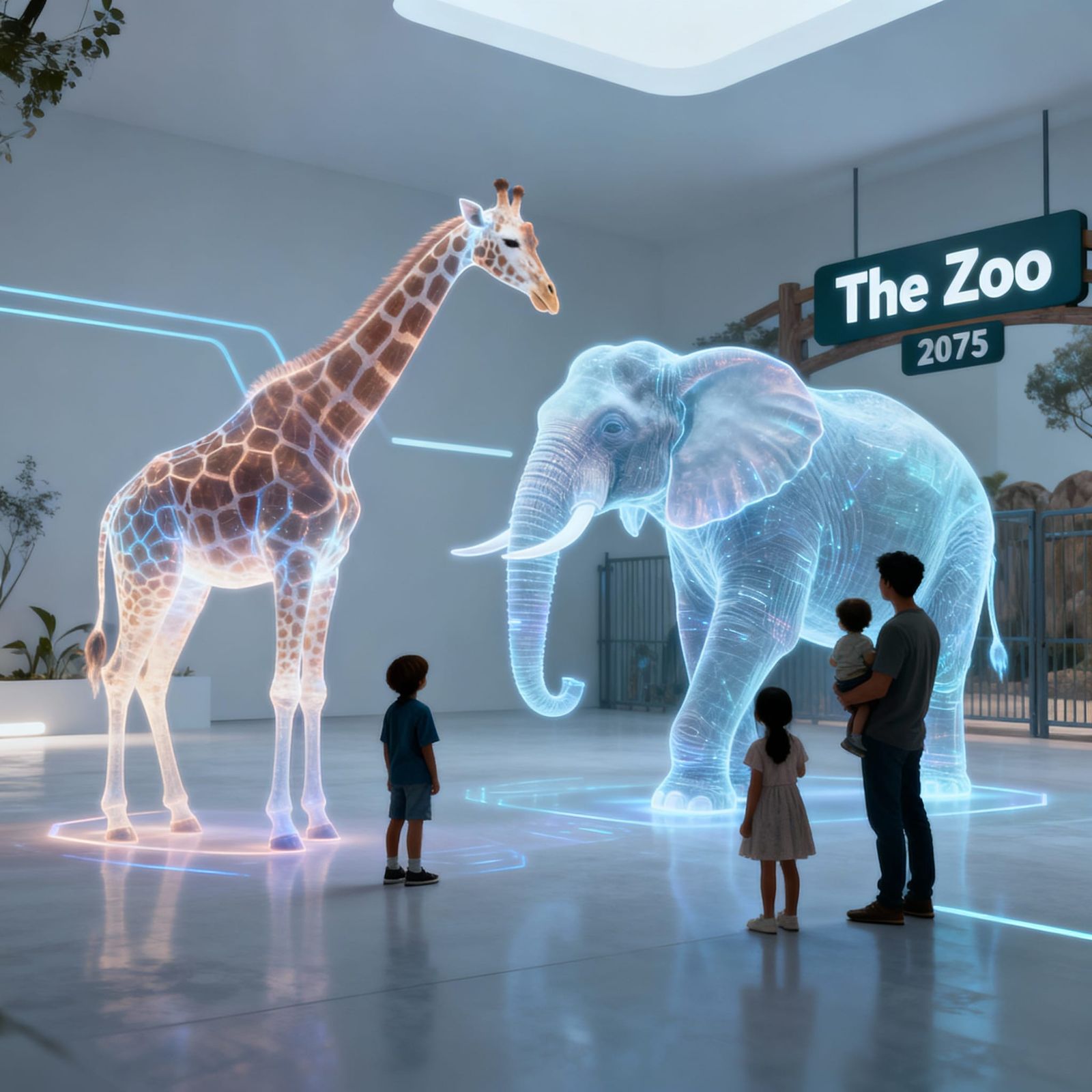 Holographic Zoo Animals Interact With Families in 2075