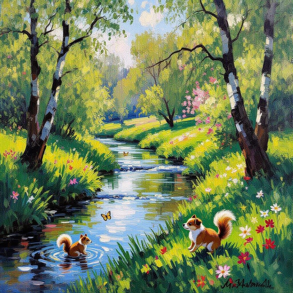 Impressionist Summer Landscape: Blossoms, Stream, and Wildli...