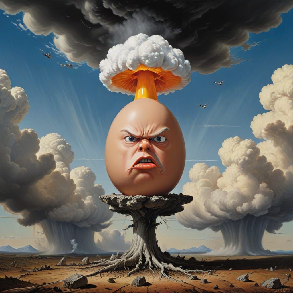 Surreal Angry Egg Perched on Mushroom Cloud