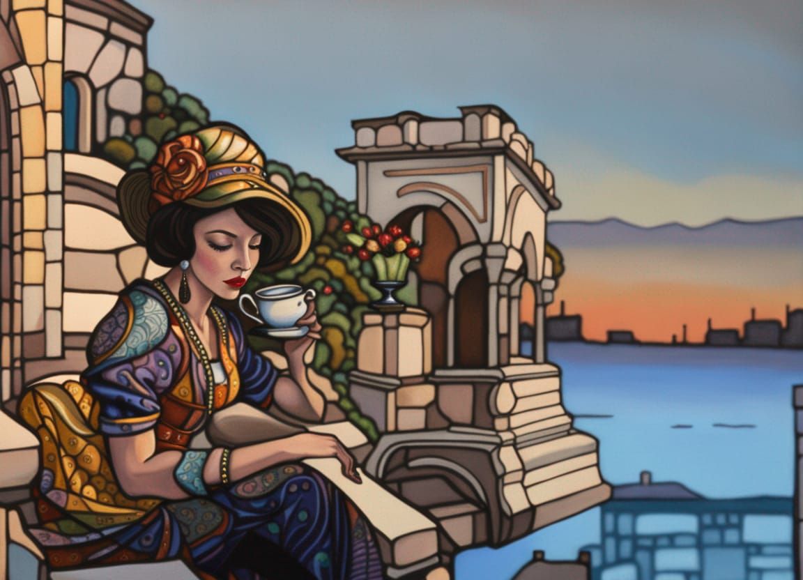 Art Nouveau Woman Drinking Tea in Alleyway