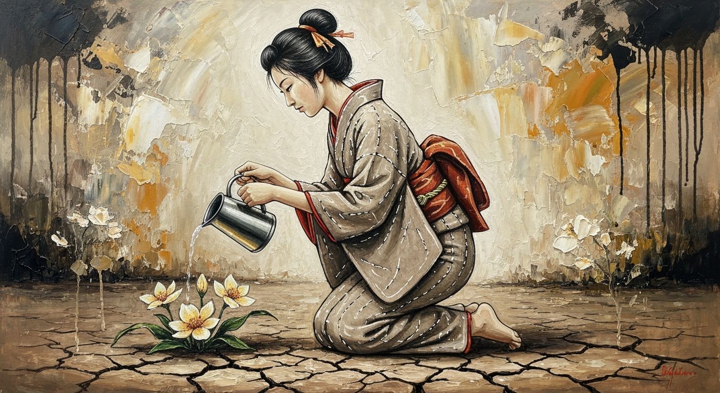Woman Watering Flowers: Impasto Oil Painting in Sashiko Styl...