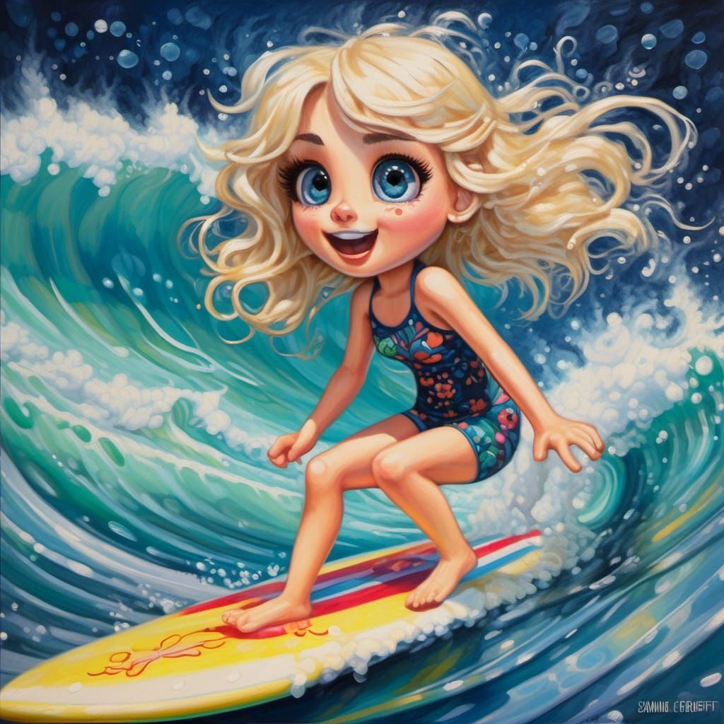 Chibi Surfer Girl on a Wave