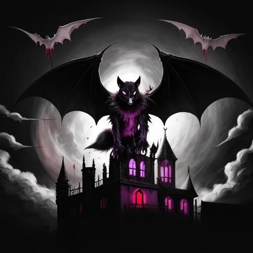 Epic stunning flying angry rabid bloodstained racoon blood bat, reaper, misty foggy blood moon with lots of bats, creepy...