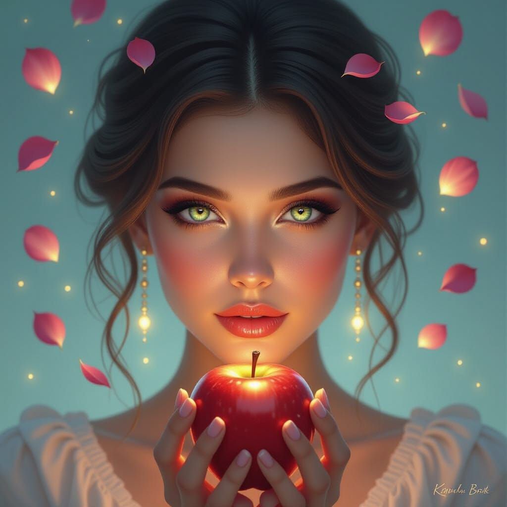 Surreal Woman With Luminous Apple Reflections