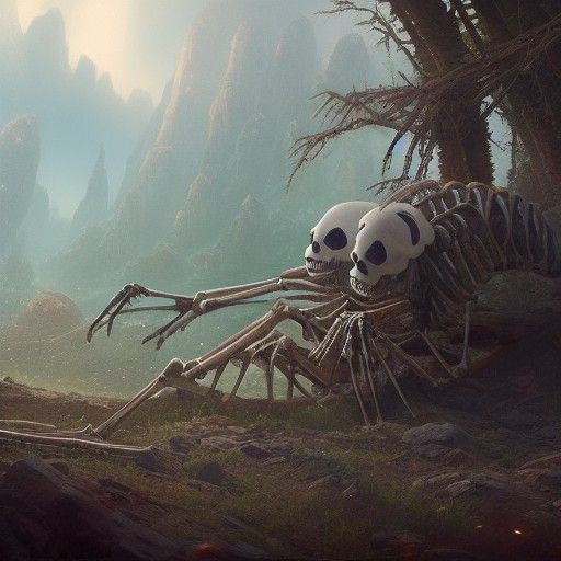 Realistic Panda Skeleton Eats Earth, Detailed Art
