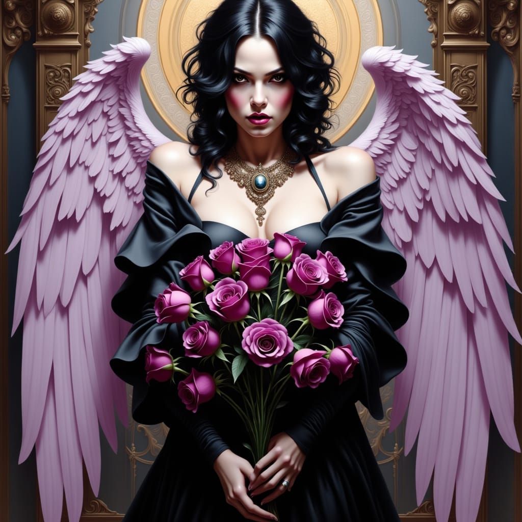 Angel in Elegant Victorian Style Holding a Bouquet of Dark R...