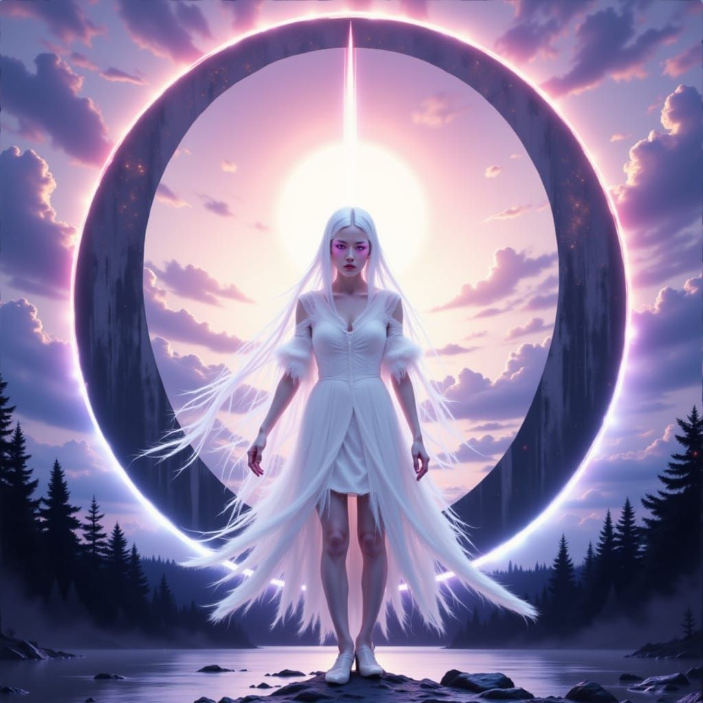 A woman with long, flowing white hair and pinkish eyes. She is adorned with a white, fluffy outfit