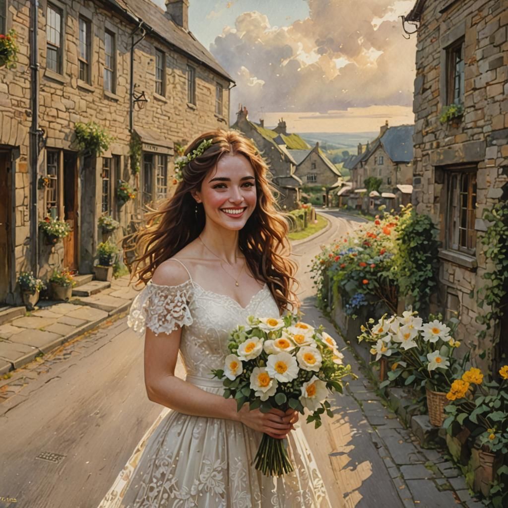 Irish Girl in Lace Dress, Gouache and Watercolor Painting