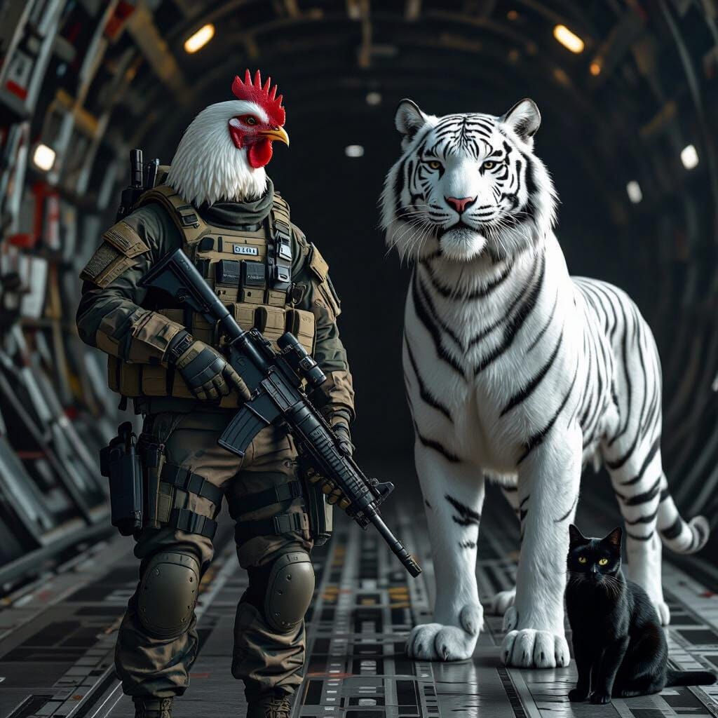 Chicken Soldier Inside Cargo Plane in Photorealistic Style