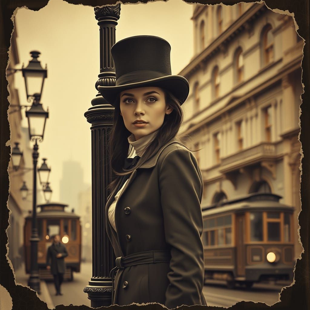 Elegant Young Woman in Steampunk Cityscape