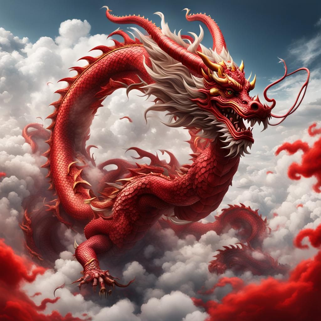 Chinese Dragon Dancing Through White Clouds