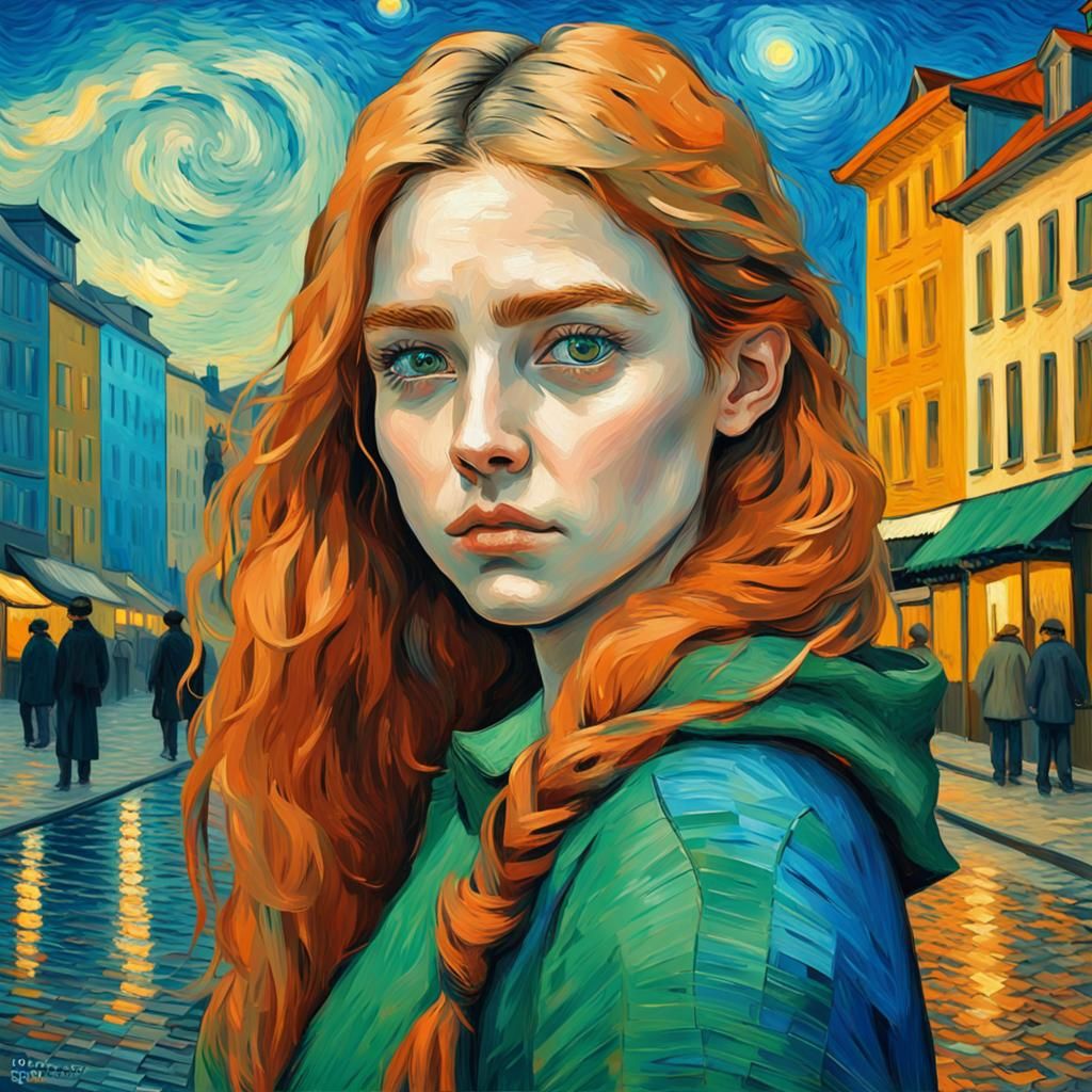 Girl with Green Eyes in Van Gogh Style