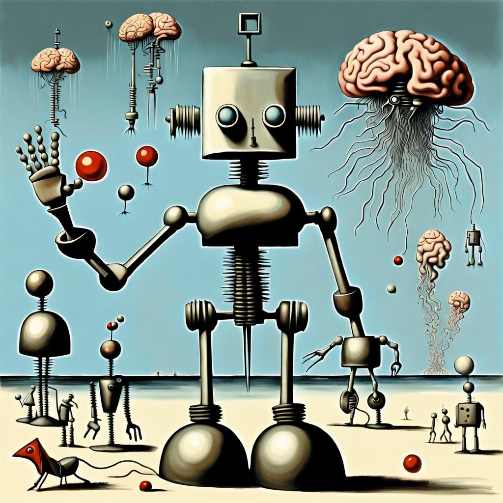 Surreal Brain Beach Landscape with Robot Juggler