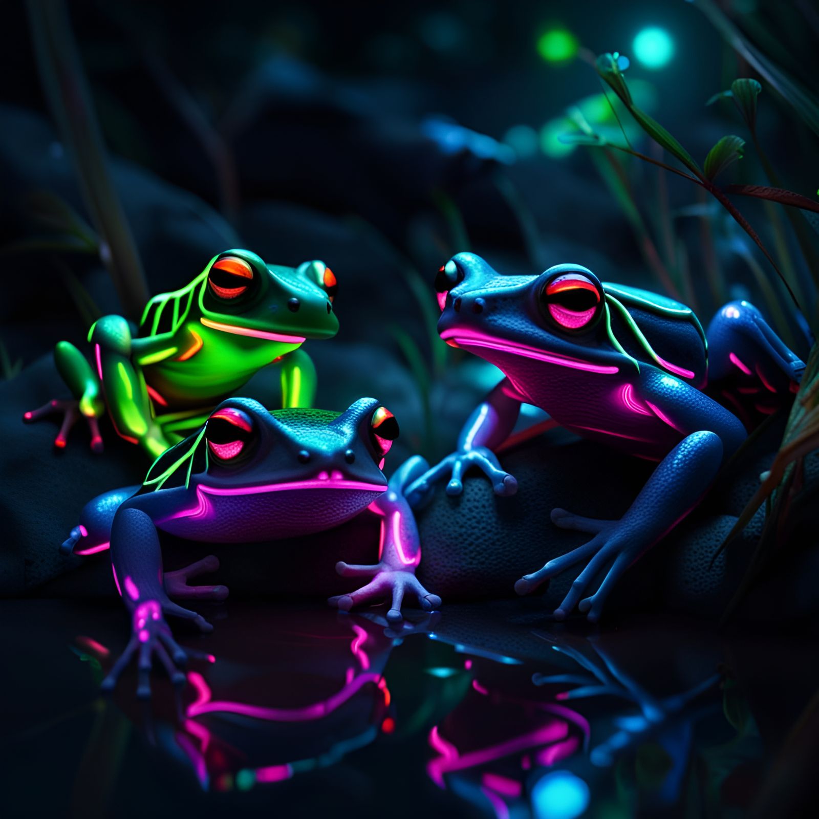 Neon Frogs Glowing in a Dark Creek