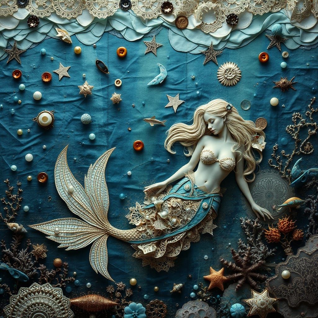 Surreal Mermaid Scene in Mixed Media Masterpiece