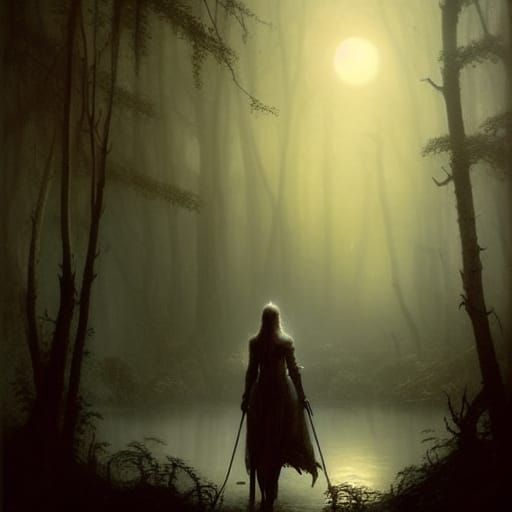Medieval Huntress in Misty Forest, Digital Matte Painting