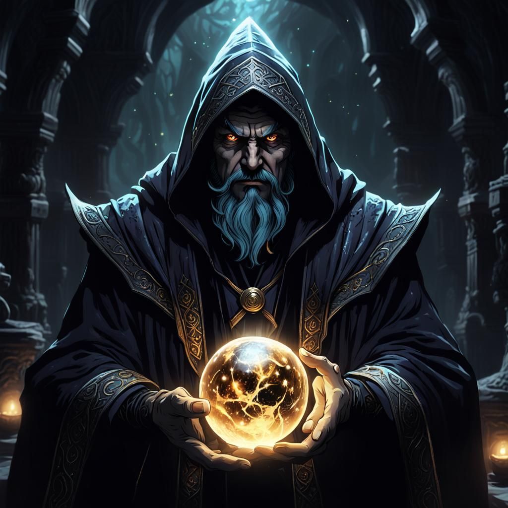 Sinister Dark Wizard in Lair with Glowing Orb