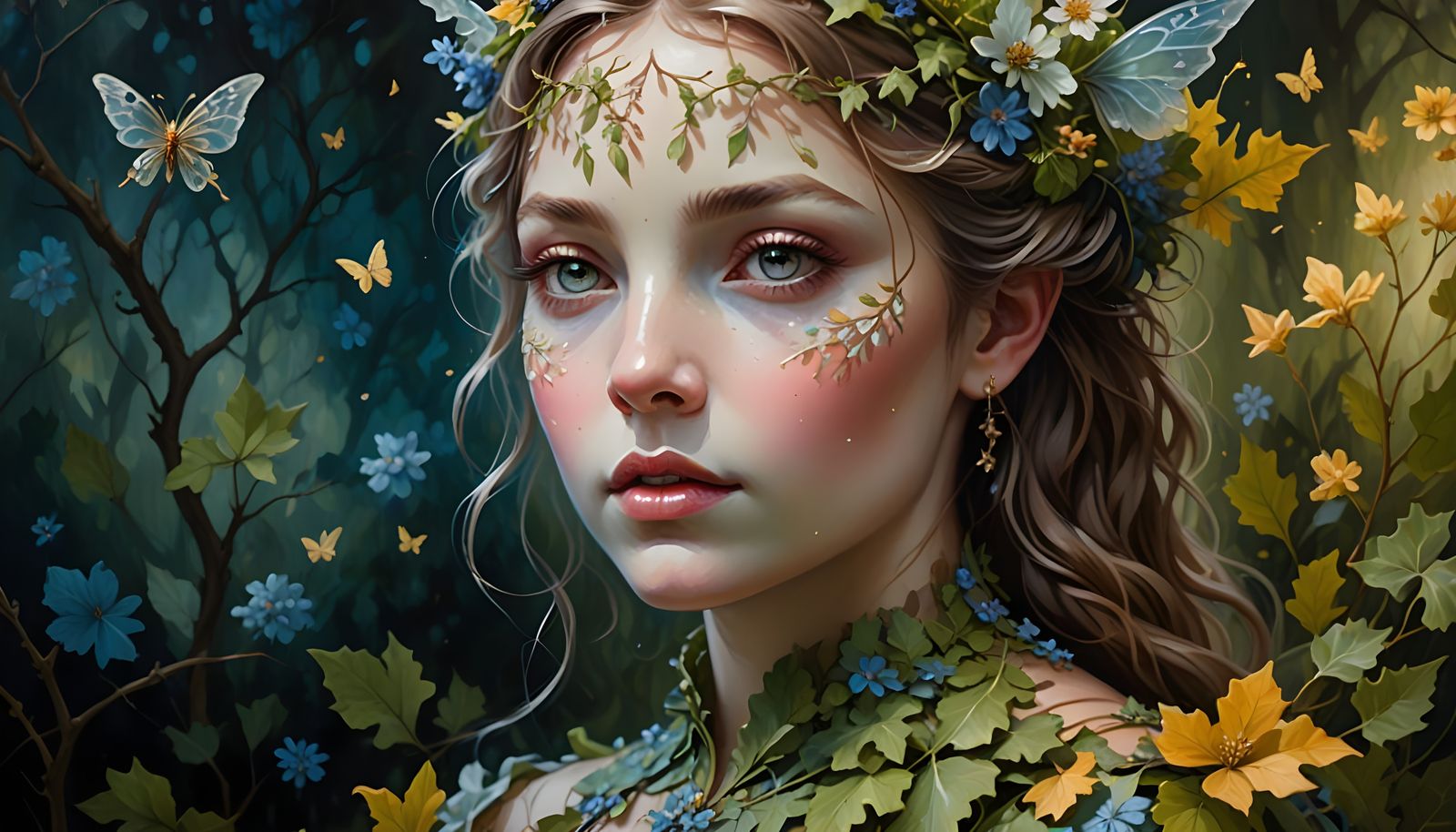 Ethereal Fairy in Oak Leaf Dress Flies Through Blooming Flow...