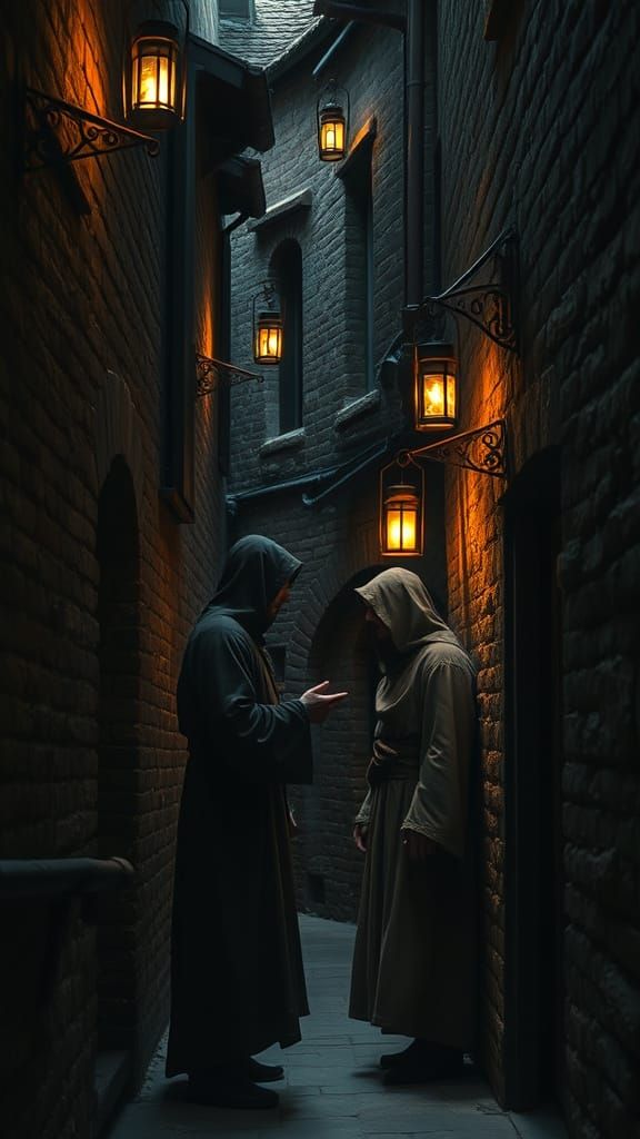 Medieval Alleyway with Cloaked Figures, Dramatic Lighting