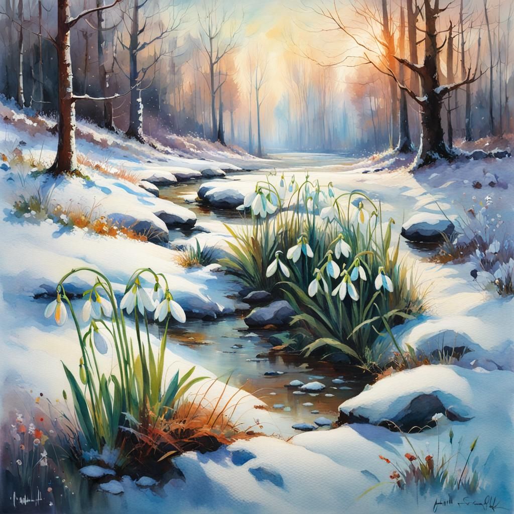 Snowdrops Herald Spring: Watercolour Fantasy Landscape