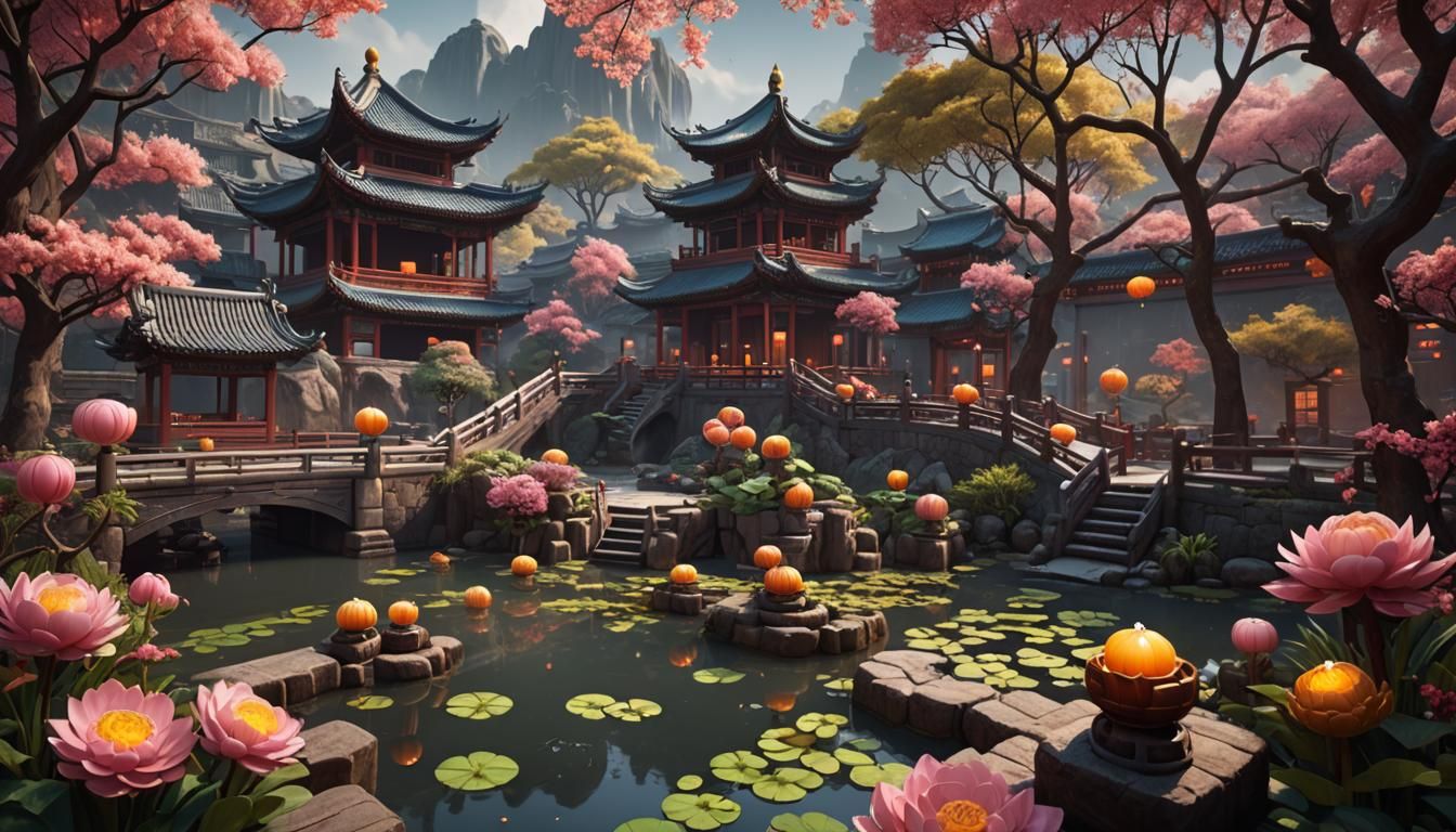 Fantastical Chinese Mooncake Garden in Matte Painting Style