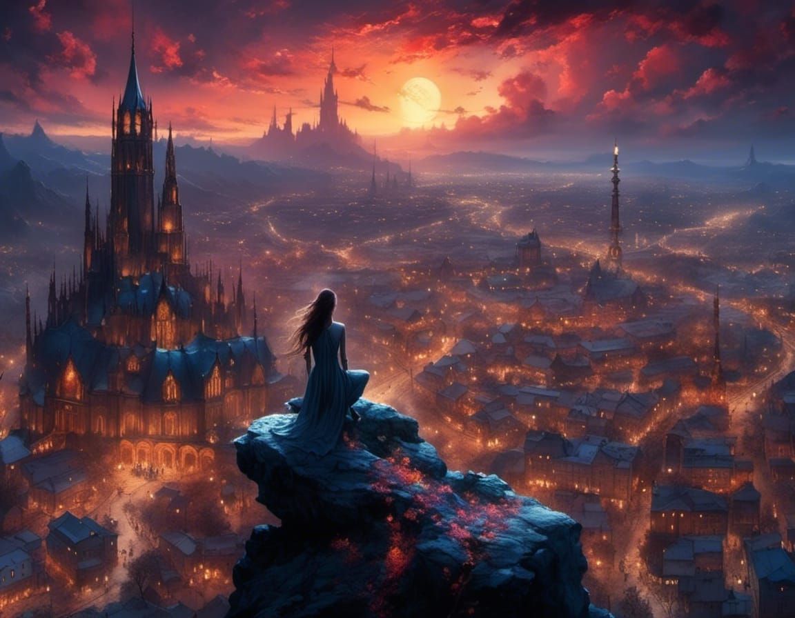 Futuristic Sorceress Over Dystopian Cityscape