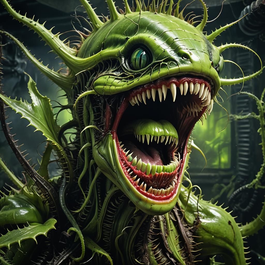 Venus Flytrap Devouring Mouth in Biomechanical Horror Style