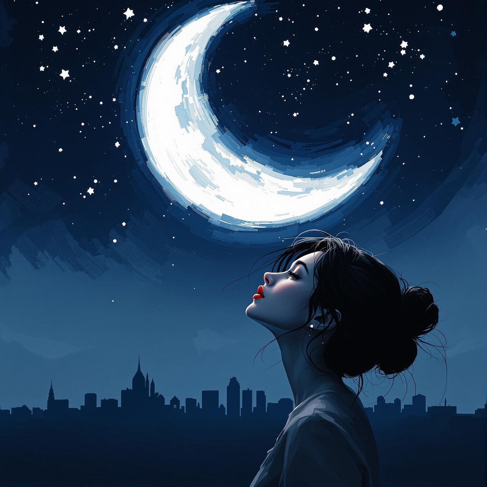 Woman Gazing at Moon in Stylized Digital Painting