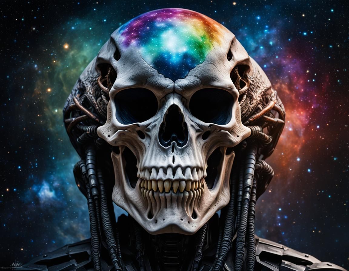 Hyperrealistic Predator Alien Skull with Galaxy Background
