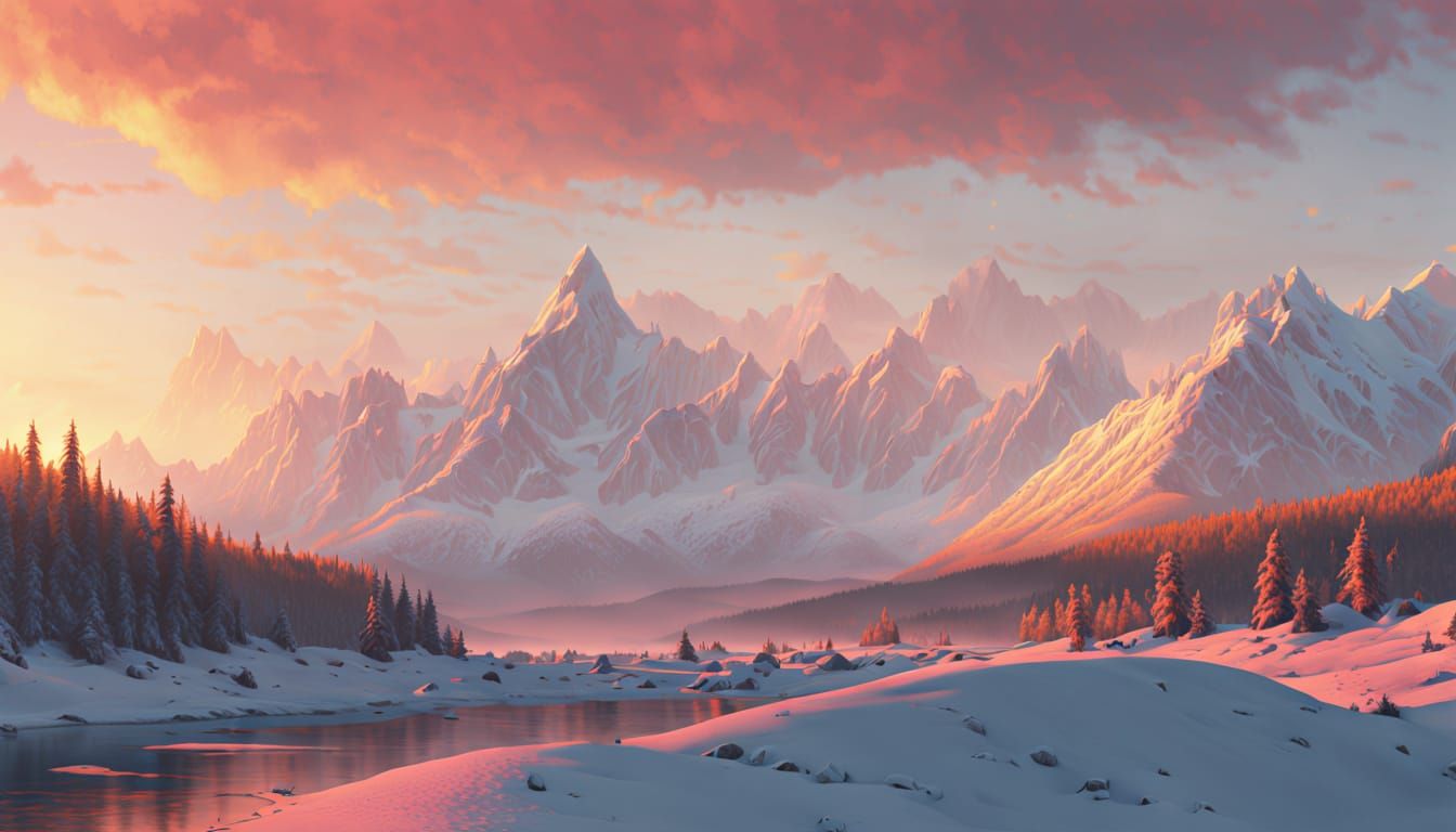 Majestic Mountain Sunset in Hyperrealistic Style