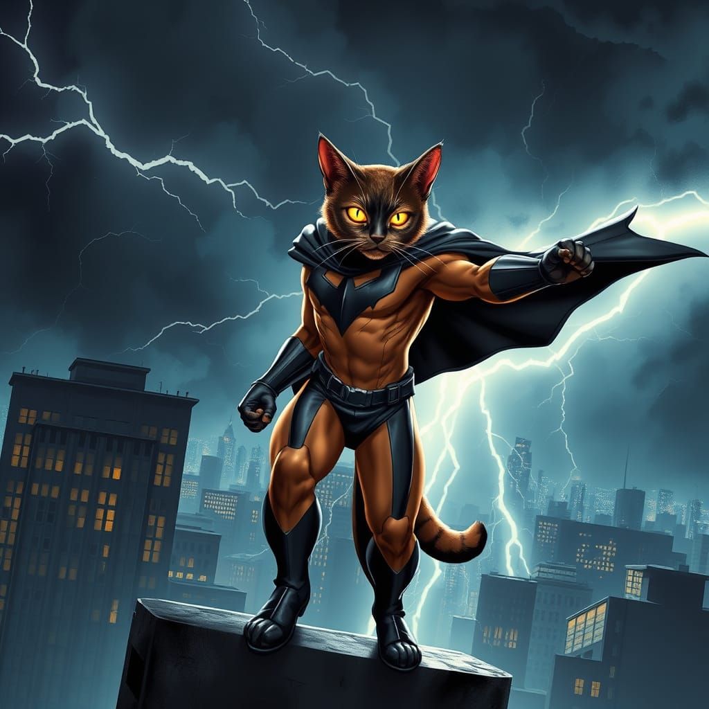 Superhero Cat on Skyscraper in Stormy Night