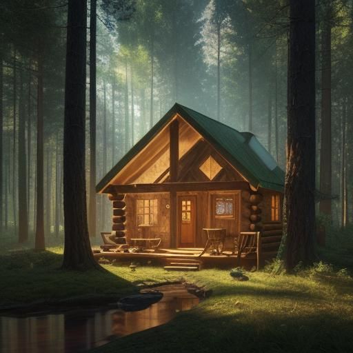 Rustic Cabin in Forest: Cosmic Illustration