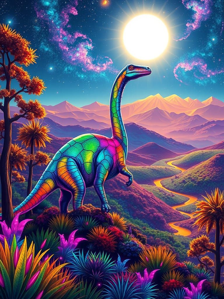 Vibrant Diplodocus Roams Dreamlike Landscape in Whimsical St...