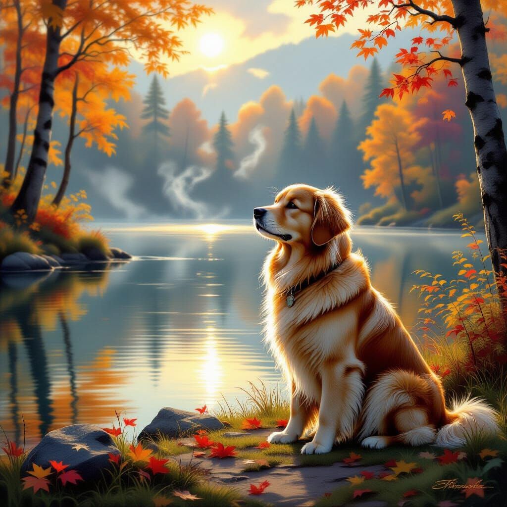 Golden Retriever by Autumn Lake in Ethereal Mist