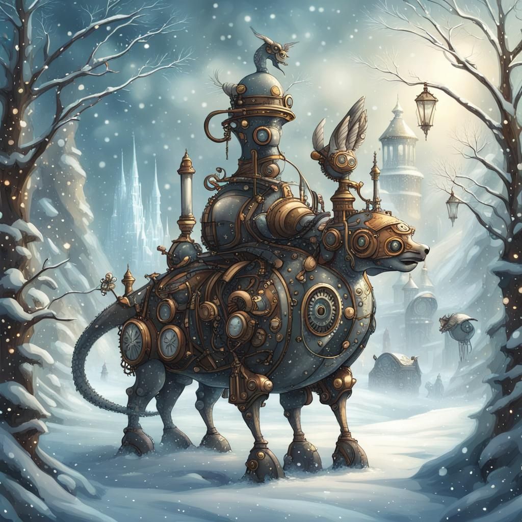 Steampunk Creature in Winter Wonderland