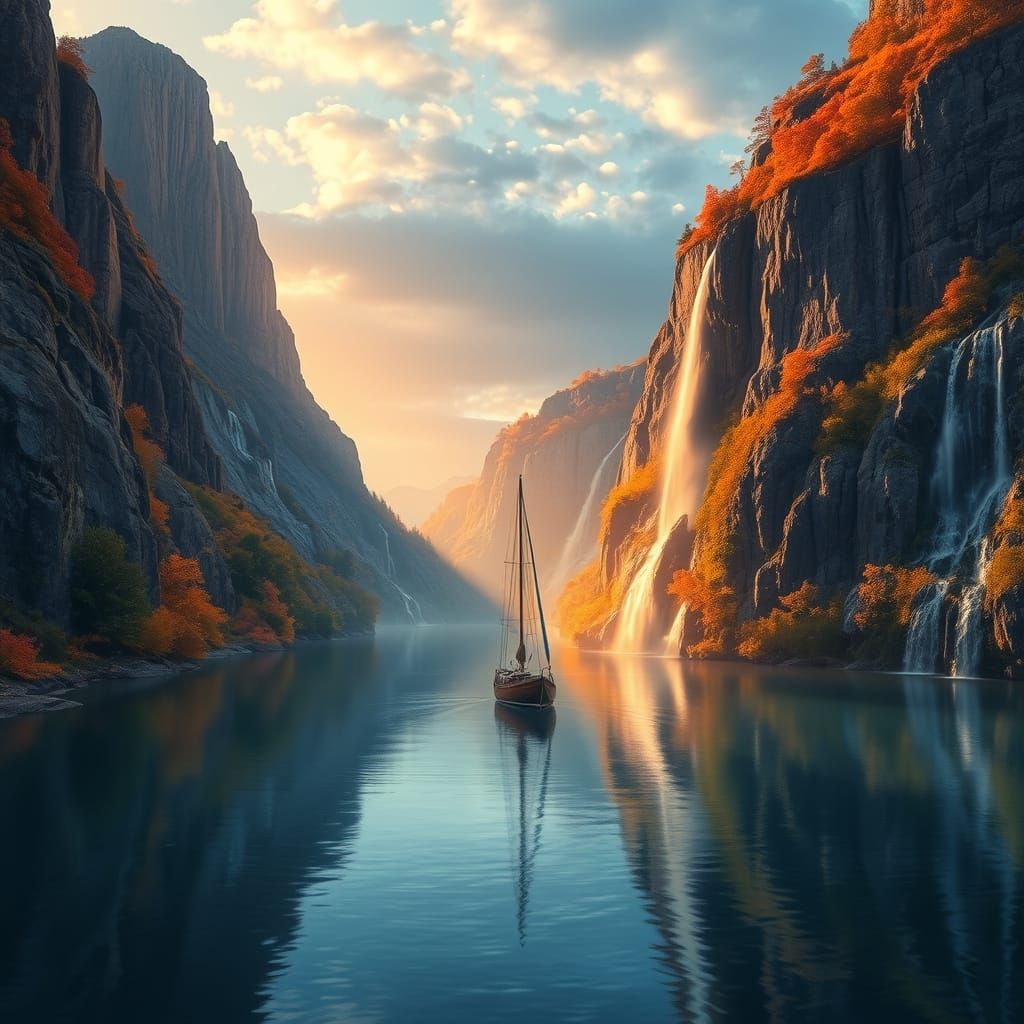 Sailboat Drifts on River at Sunset