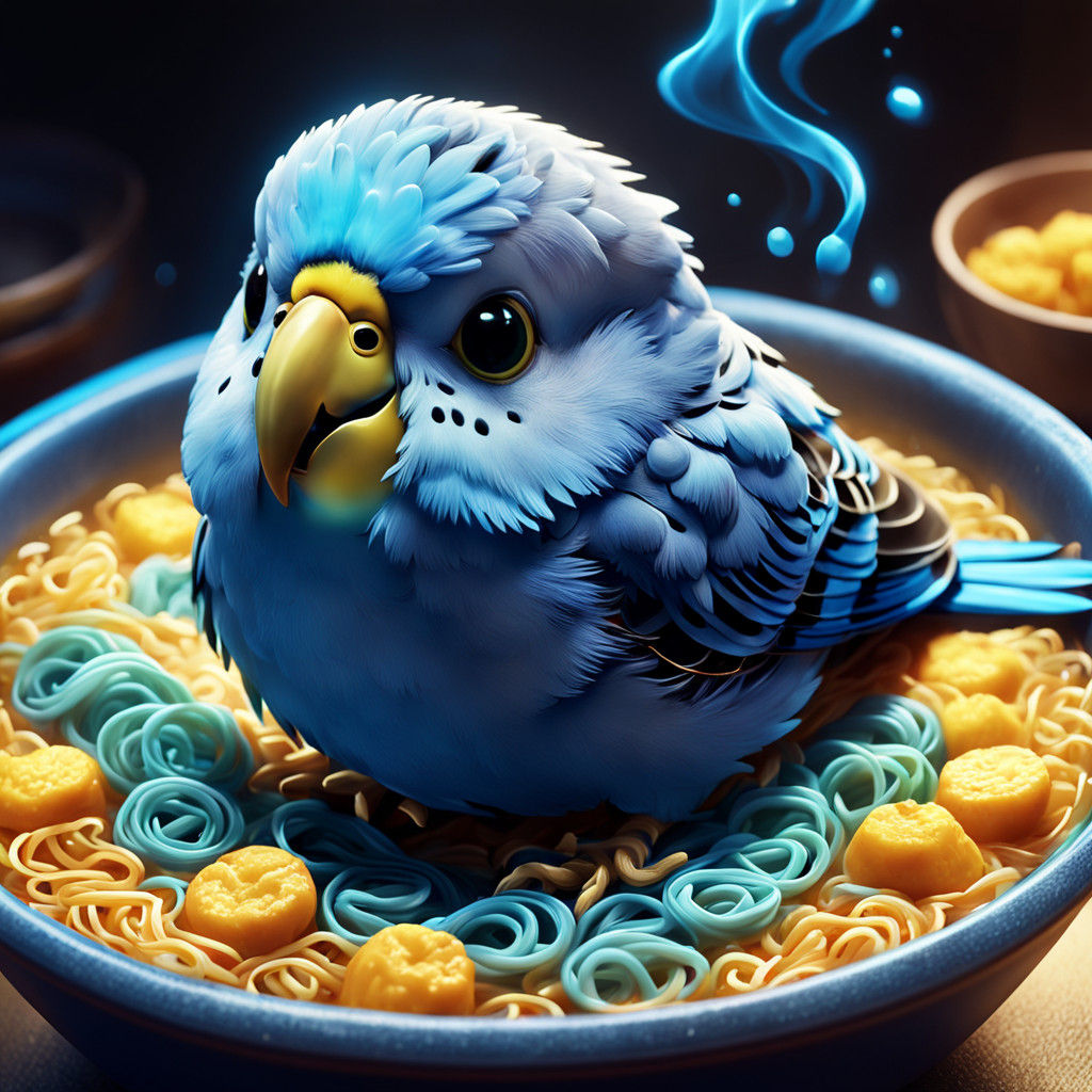 Vibrant Blue Budgie in Ramen, in Bright Digital Art Style