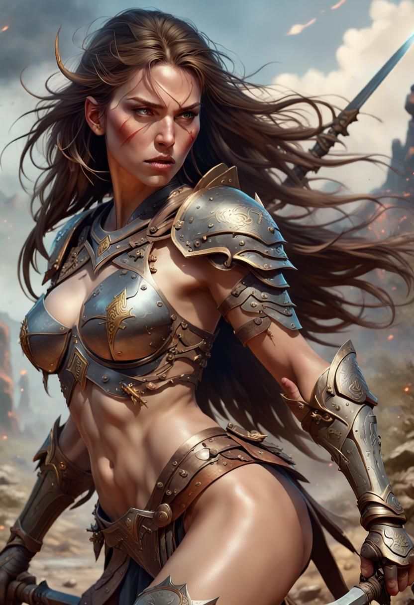 Female Warrior in Dark Fantasy Battle, Hyperdetailed Art