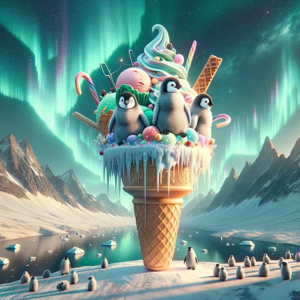 Penguins on Ice Cream Cone in Winter Wonderland