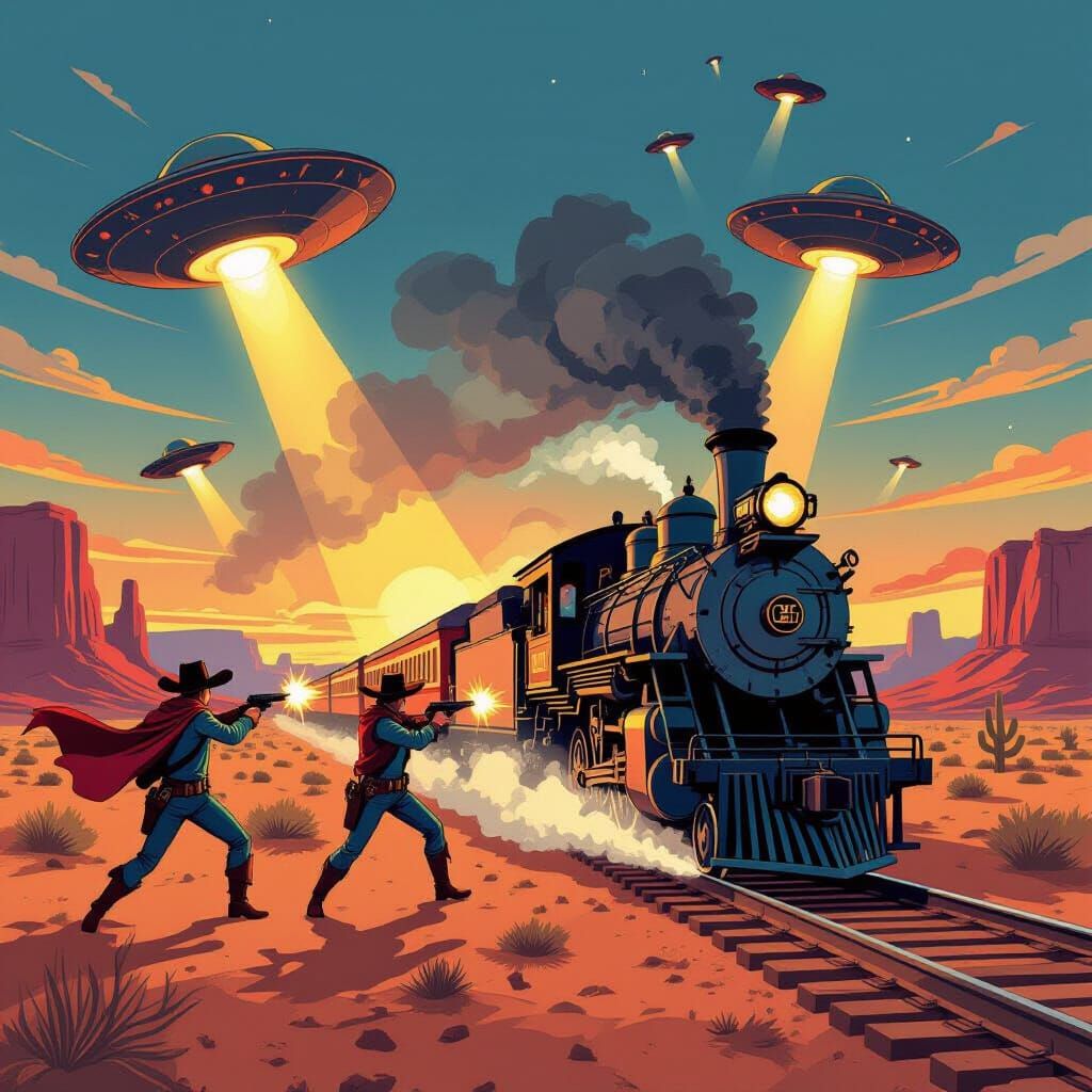 Wild West Train Robbery with Aliens in Comic Art Style