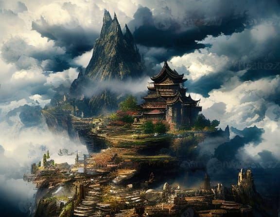 Epic Mountain Citadel in Ethereal Fantasy Style
