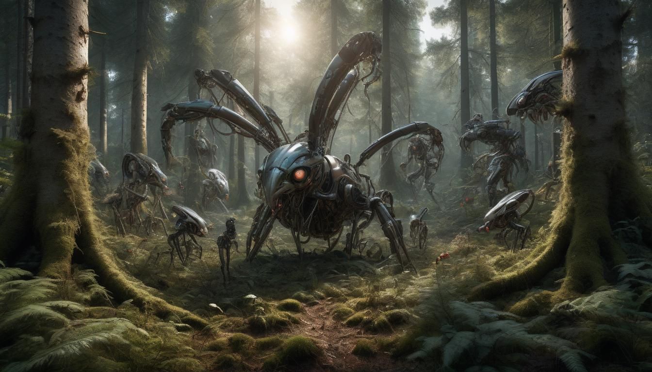 Magical Forest with Cyborgs in HDRI Photograph