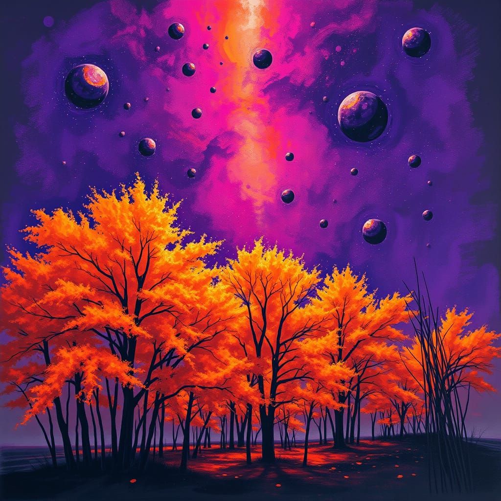Surrealistic Masterpiece: Vibrant Orange Trees Under Radiant...