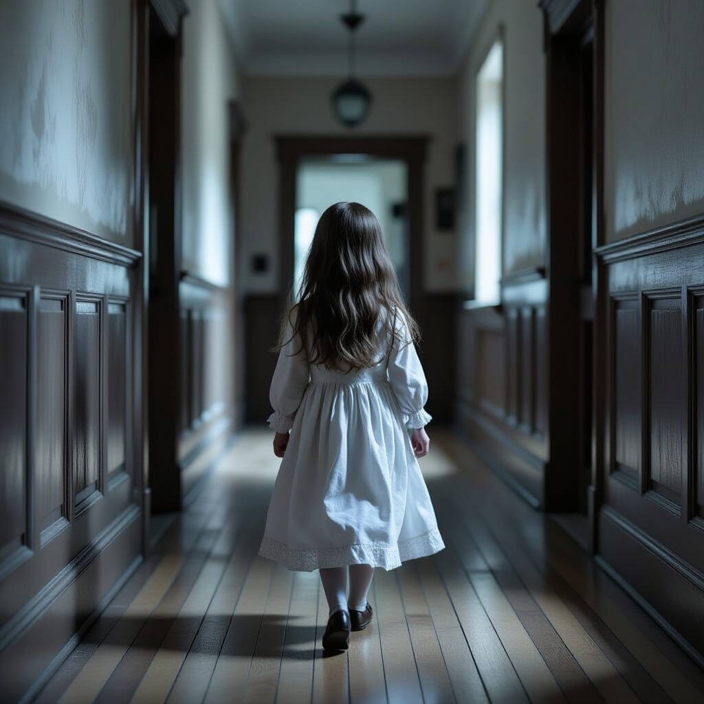Ethereal Ghost Girl in Lugubrious Hallway