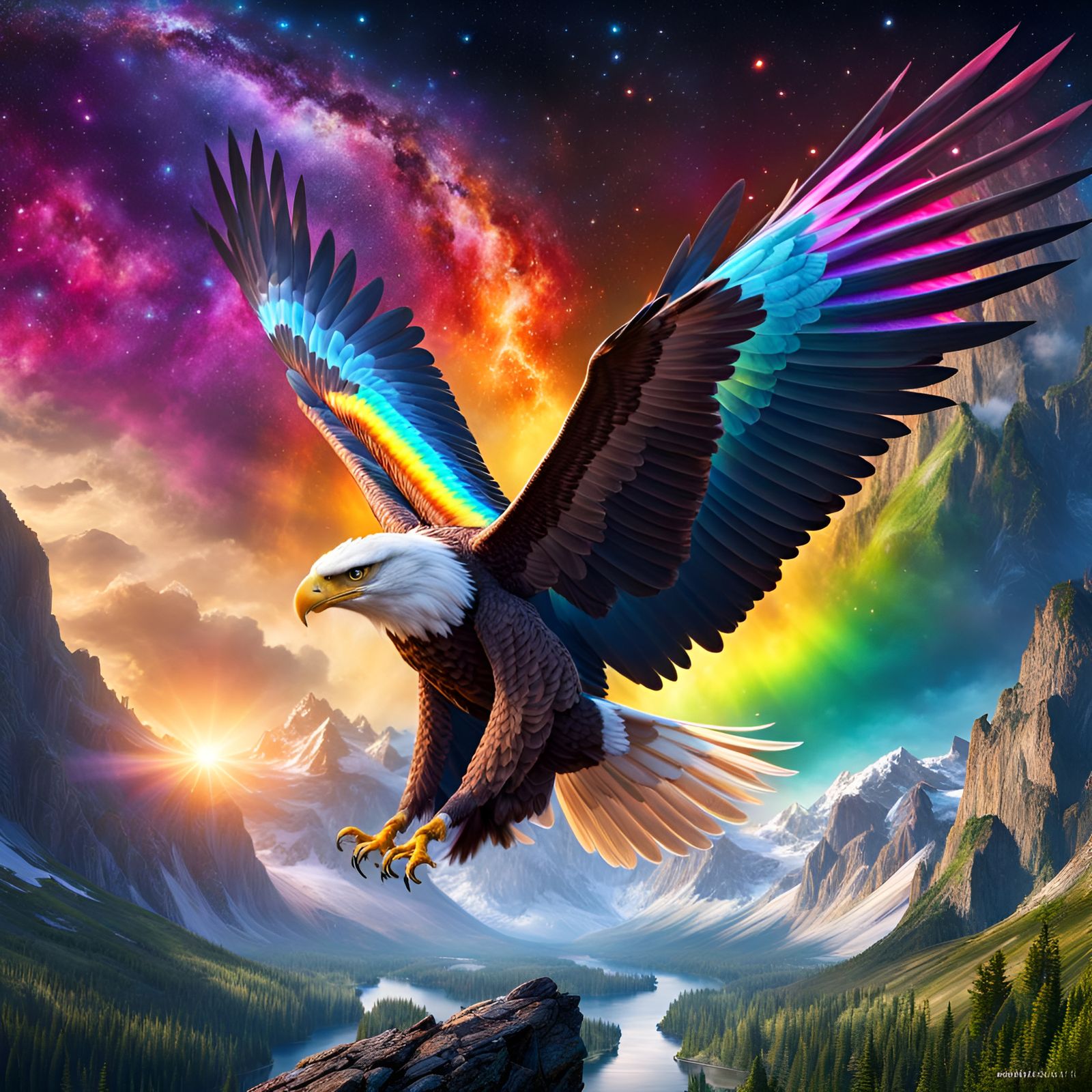 Majestic Rainbow Eagle in Surreal Galaxy Dreamscape