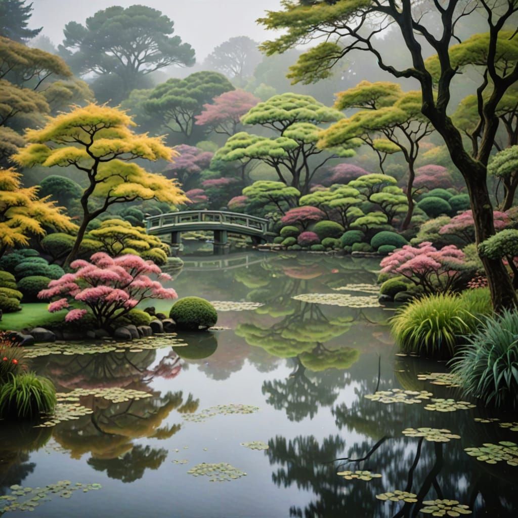 Misty Japanese Garden Morning in Impressionist Style