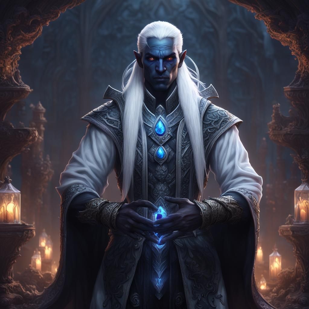 Drow Dao Genie Warlock with Crystal, Fantasy Art