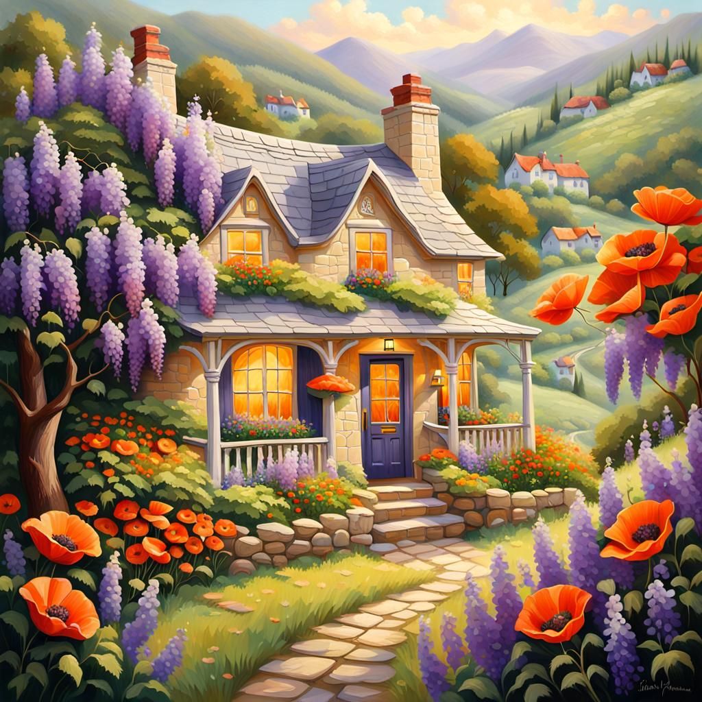 Quaint Cottage with Wisteria in Folk Art Style
